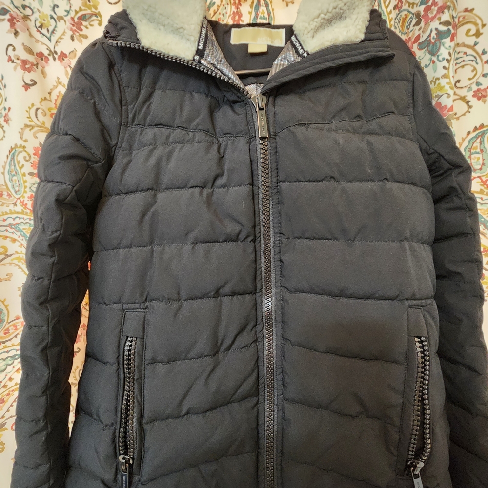 Michael Kors Black Quilted Puffer Jacket with Sherpa Collar